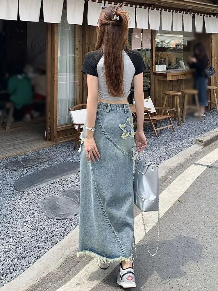 Fashion Star Grapgic New Denim Long Skirt Women's Emo High Waist Maxi Skirt Korean Style Sexy Wrap Hip Midi Jeans Skirt Y2k Girl