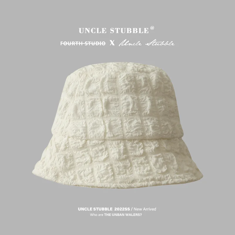 Korean Dongdaemun popular bubble fabric bucket hat for girls, off-white fisherman hat