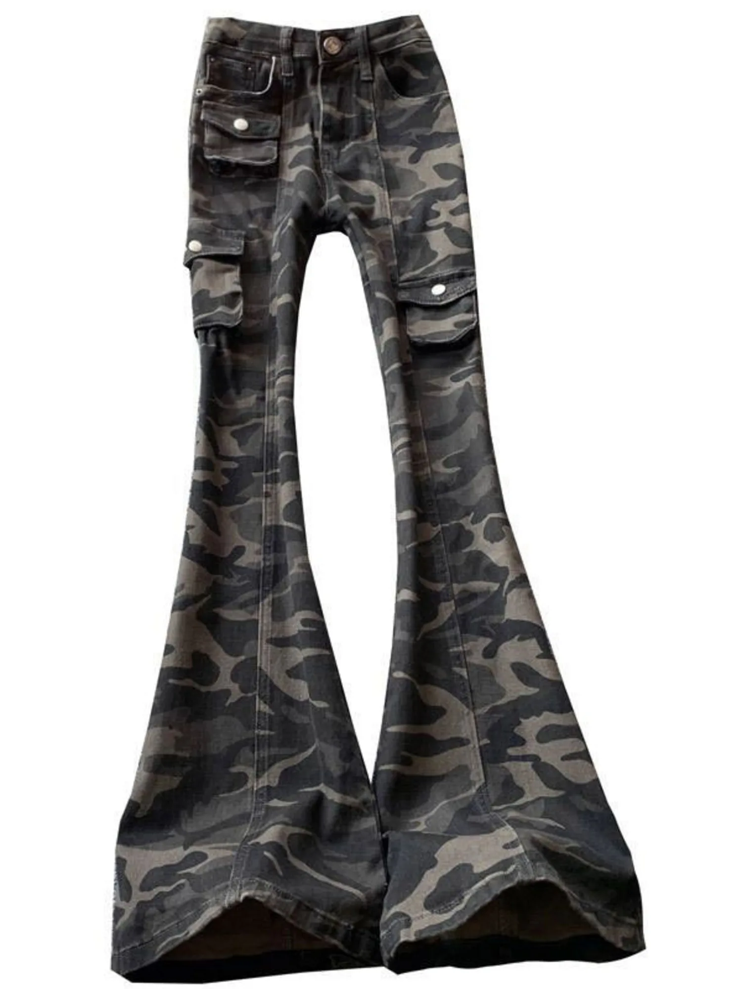 Women Cargo Flare Jeans High Waist Camo Wide Leg Denim Pants Vintage Streetwear