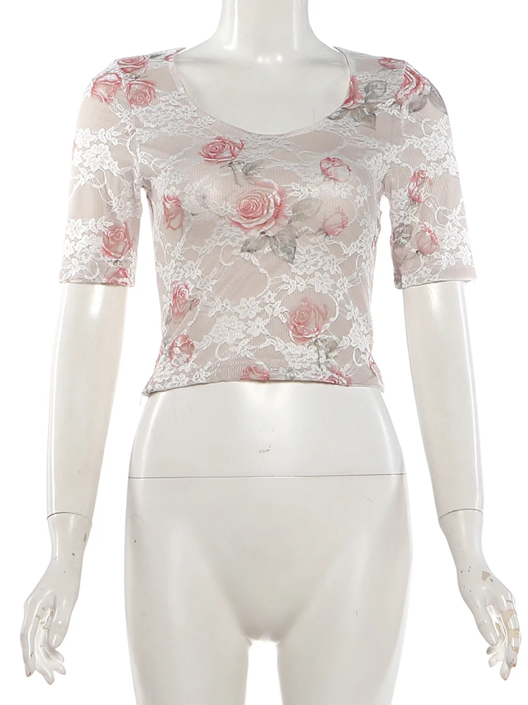 Weird Puss Sexy 2-teiliges Set für Damen, durchsichtiges Jacquard-T-Shirt mit Rundhalsausschnitt + Rock mit elastischem Bund und Schleifendekoration, schickes Sommer-Party-Outfit – Detail 5