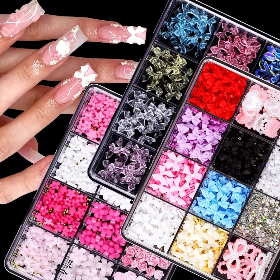 12pcs Mixed Nail Rhinestones 3D Pearlescent Beads with Ribbon Heart Charms for Creative Nail Art Decoration