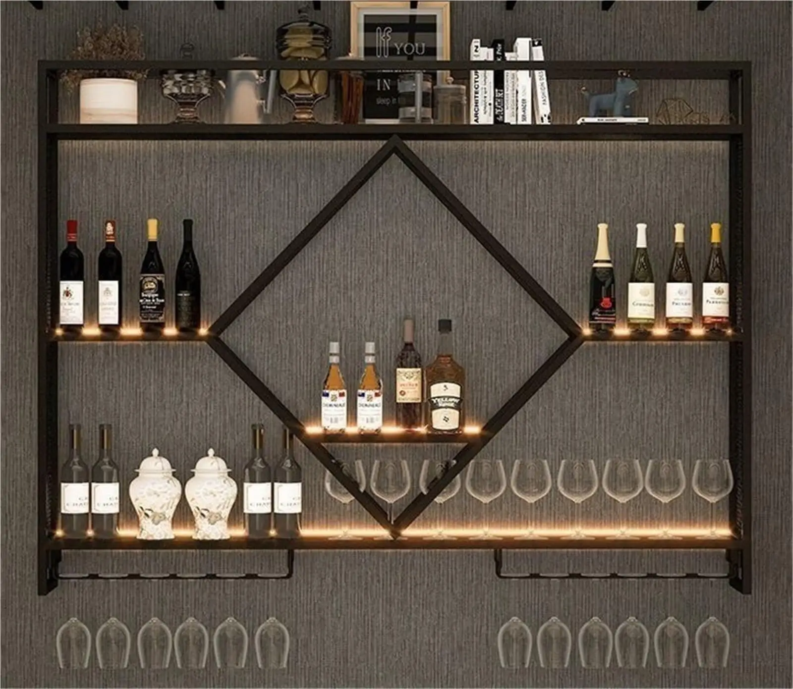 

Metal Wall Bar Shelves with Wine Rack, Liquor Bottle Storage Holder for Kitchen, Dining Room, or Home Bar Decoration