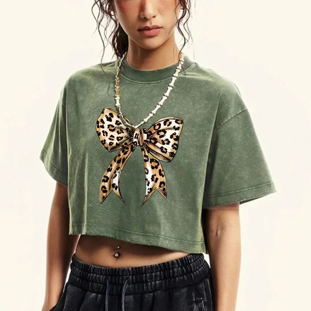 

Creative Leopard Print Bow Printing Washed T Shirt Women Retro Casual Tees O-Neck Cotton Short Sleeve Fashion Slim Tee Shirts