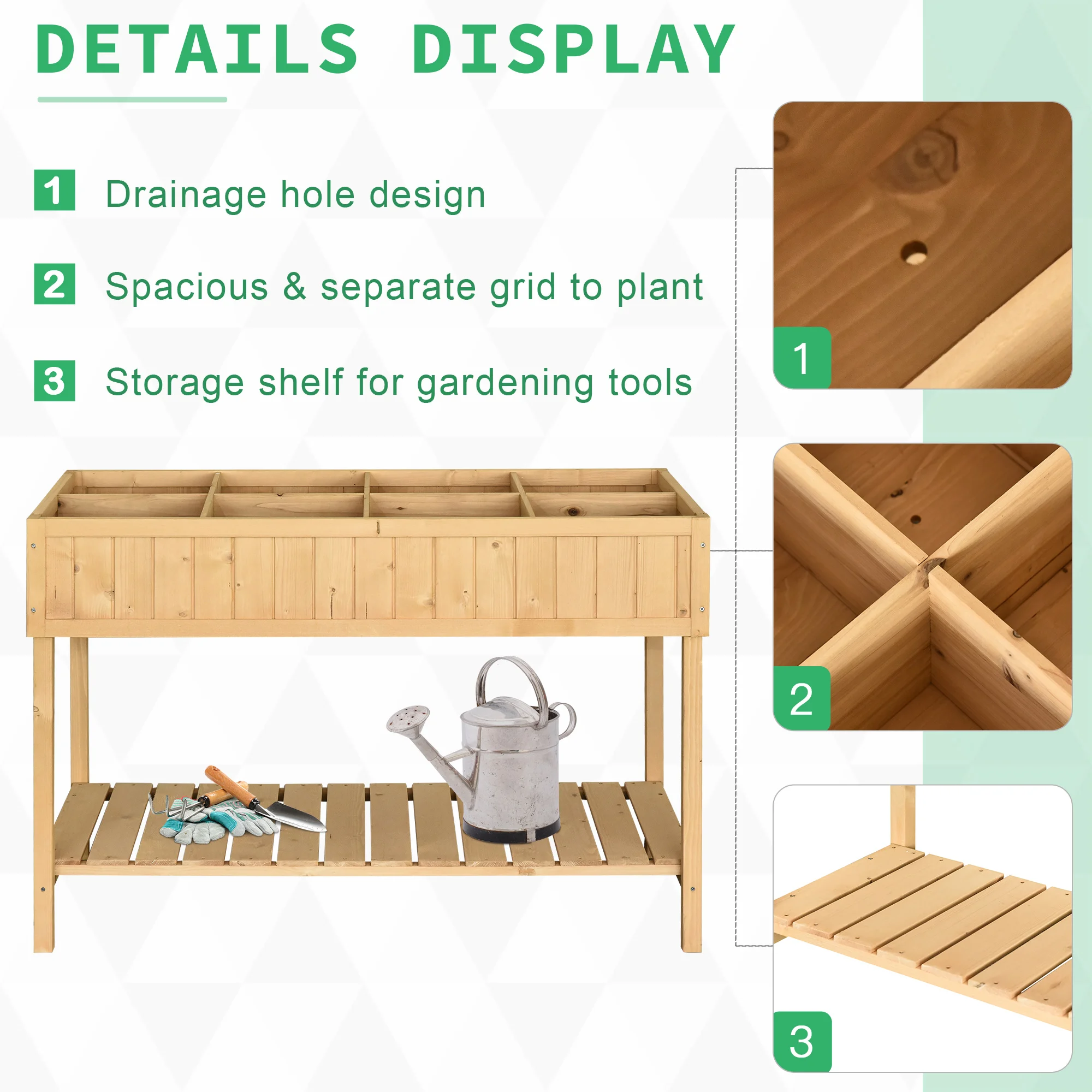 Outsunny 43x18x30in Raised Garden Bed with 8 Pockets and Shelf, Wooden Elevated Planter Box with Legs to Grow Herbs, Vegetables,