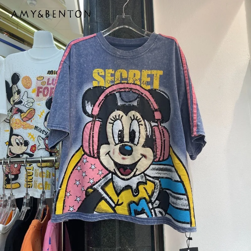 

2026 Summer New Heavy Industry Sequin Cartoon Short-sleeved T-shirt Pullover Women's Loose Fashion Age-reducing Top Y2k Clothes
