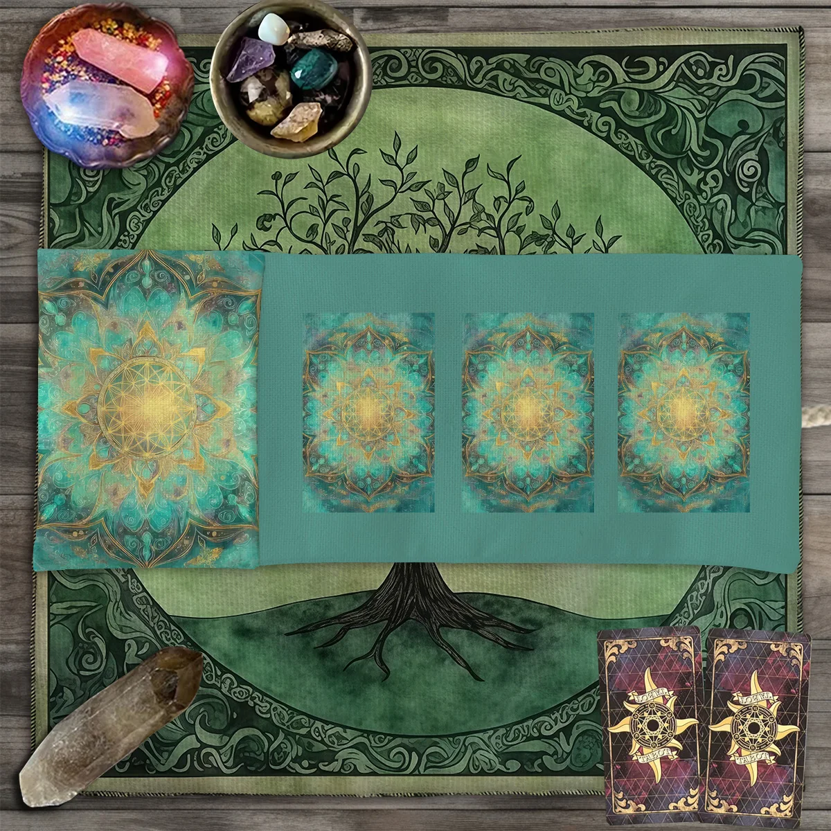 Blaue grüne Tarotkarten-Aufbewahrungstasche, goldenes geometrisches Muster, Tarot-Aufbewahrungstasche, Mandala-Muster, Wahrsagerei-Tasche