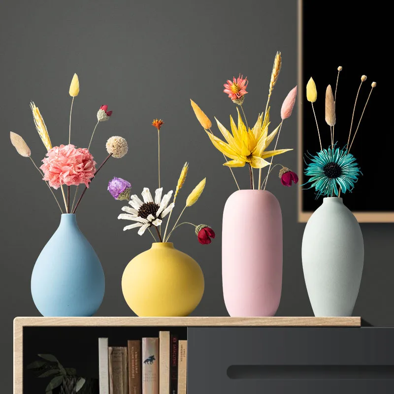 Set of 4 Ins Style Macaron Ceramic Vases Pastel Tone Flower Holder Living Room Shelf Ornament