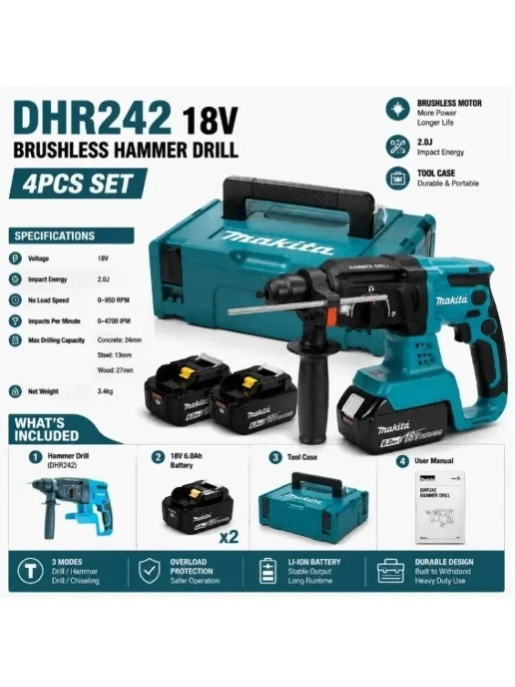 Neuer Hochleistungs-Bohrhammer 100% Original Makita DHR242 DHR242 18V Bürstenlos, 2J Schlagkraft, 24mm Beton, 4700 IPM, 3 Modi Professionell