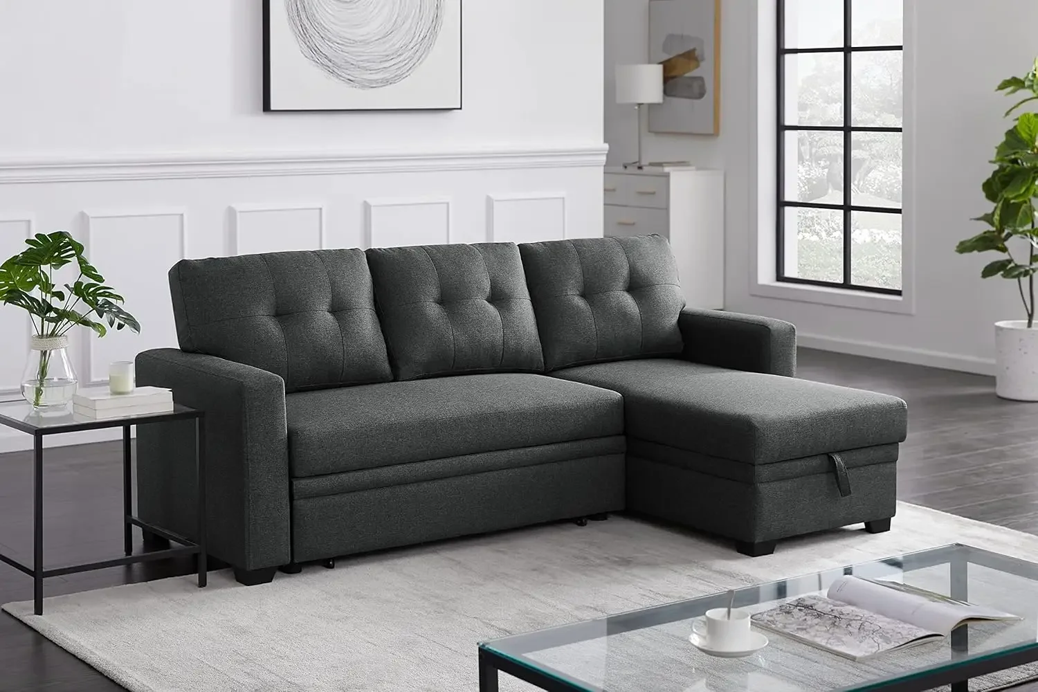 

Convertible Sleeper Sectional Sofa with Storage Chaise and Pull-Out Bed, Linen Upholstered Reversible Corner Couch