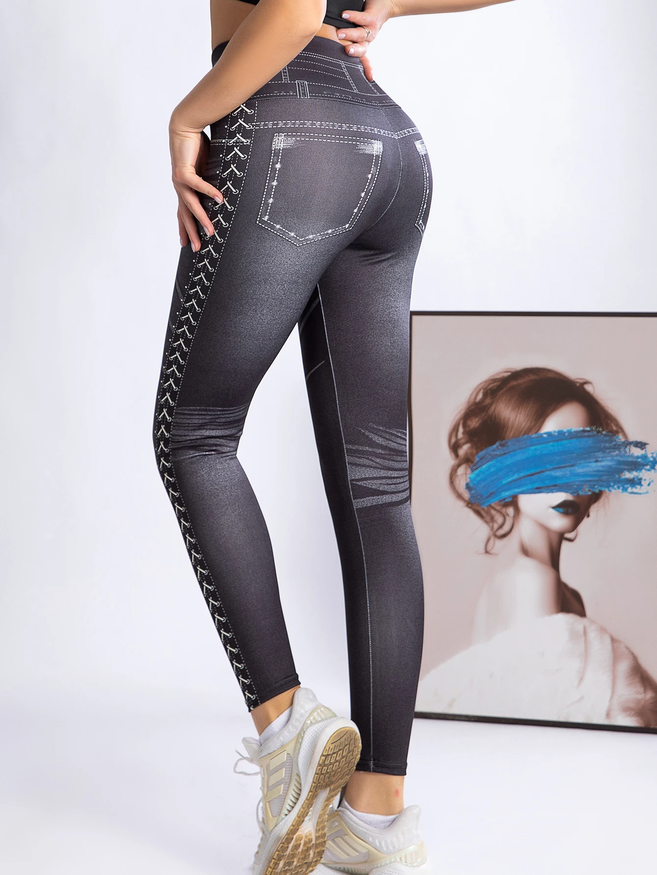 New High-waisted Skinny Imitation Denim Printed Leggings European And American Stretch Hip Lift Fake Pocket Nine-quarter Pants