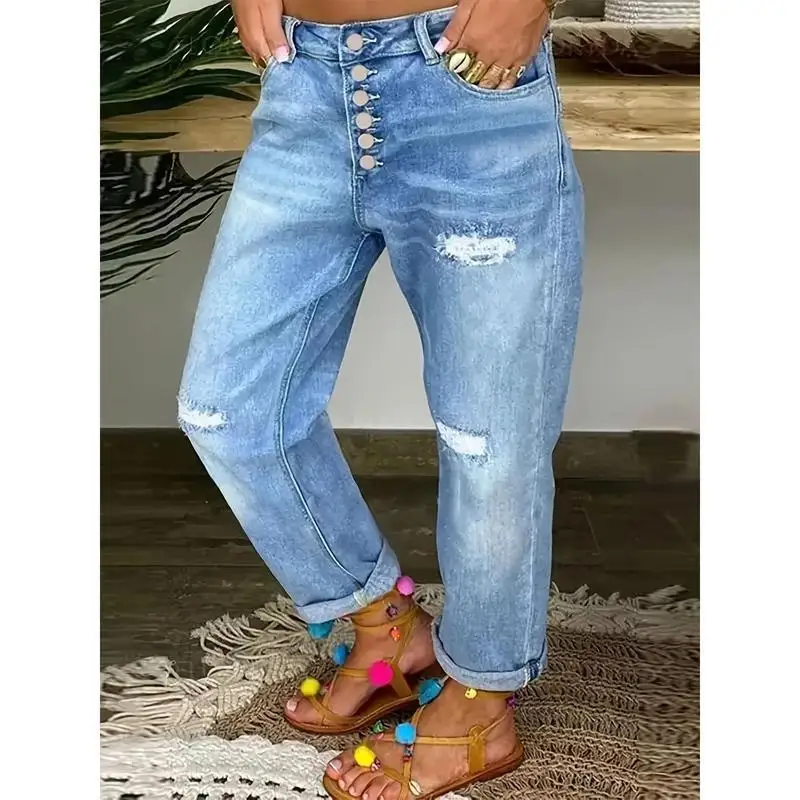 

Blue Distressed Jeans Women's Casual Pants Neutral Style Hole Punching Design Spring Collection Other Material 100%