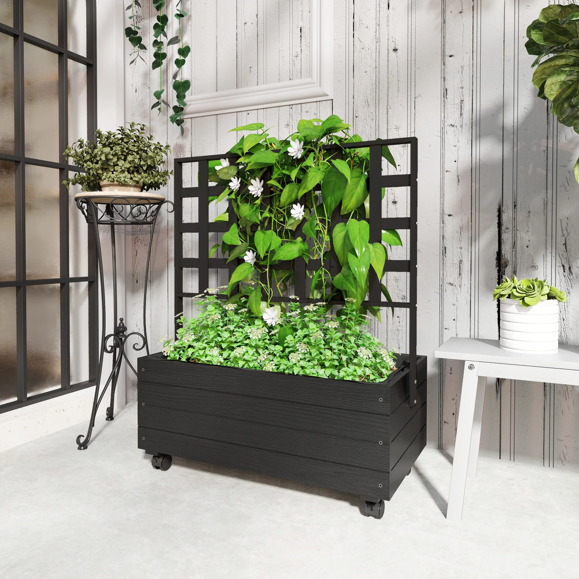 Raised Garden Bed with Trellis and Wheels, Outdoor Planter Wooden Elevated Garden Bed for Garden, Patio, Balcony