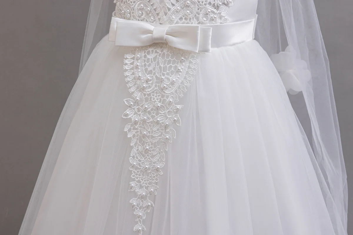 Kinderkleid für 3-12 Jahre, besticktes Spitzenkleid mit Schleife, Hochzeitskleid, Mädchen-Prinzessinnenkleid für Geburtstagsfeier, Abendkleid – Detail 15