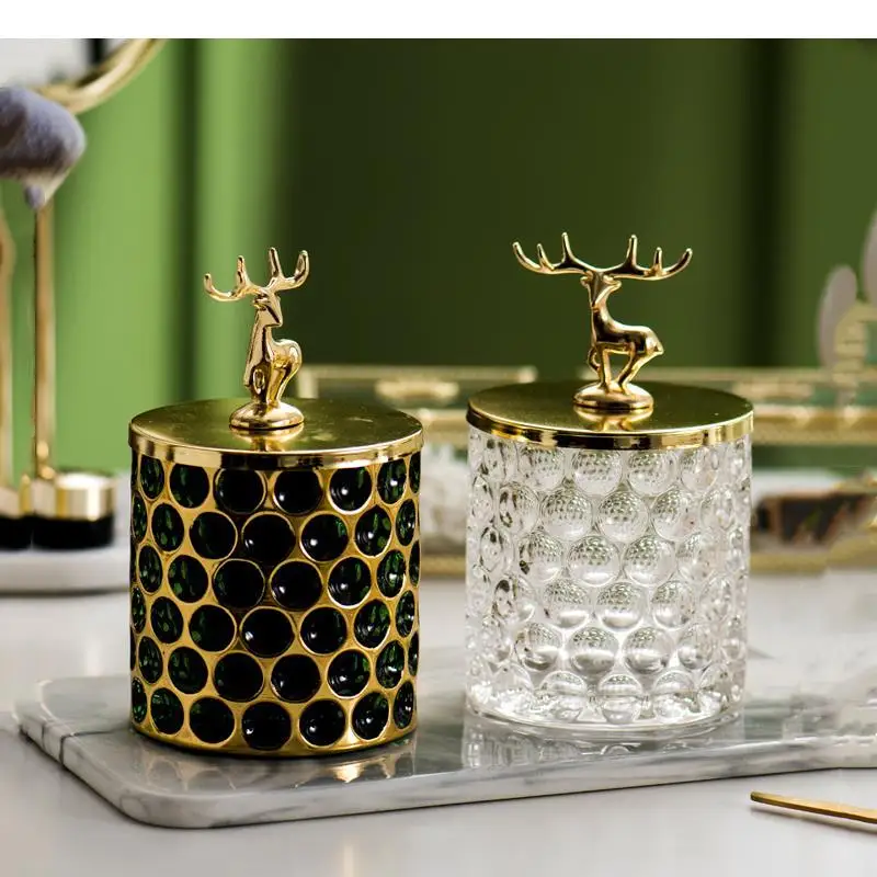 

Glass Storage Jar Golden Deer Cover Jewelry Box Desktop Organization Modern Home Decoration Container Candy