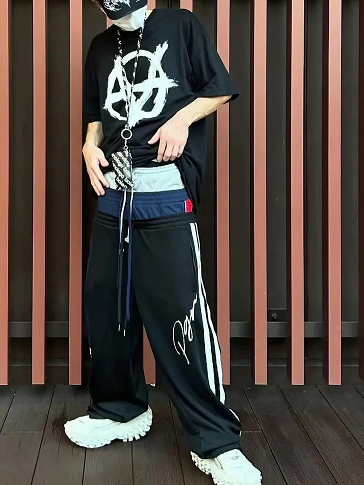 

Ailz Project Dstring Embroidered Letter Sweatpants Loose Wide Leg Patchwork Long Trousers Casual Cotton Pants