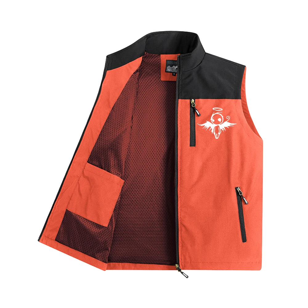 Summer Casual Angel Print Vest Mesh Lined With Multiple Zipper Pockets Sleeveless Top For Outdoor Camping Fishing And Commute