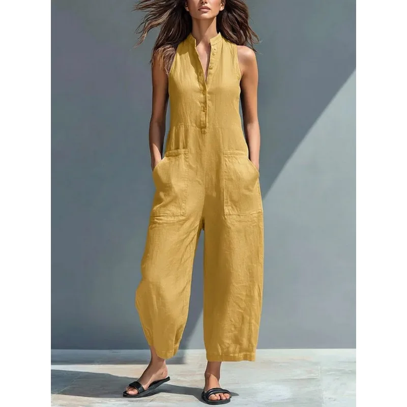 Casual Women's Sleeveless Stand-up Collar Pocket Jumpsuit Independent Station