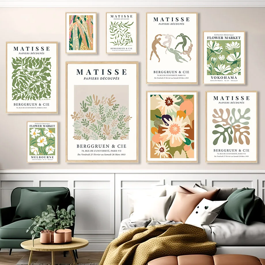 Frameless canvas paintings,Matisse Exhibition Wall Art Print Abstract Vintage Flower Market Leaf Canvas Painting Poster Pictures