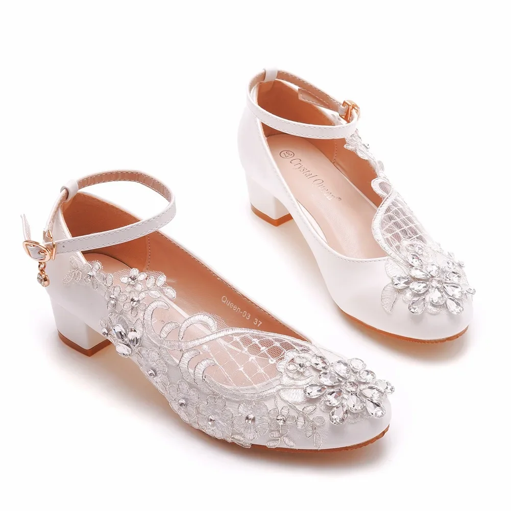 Women Pumps New High Heels Round Toe Wedding Lace Rhinestone PU 3.5CM Square Heel Buckle Strap Bride Pumps Outdoor Shoes