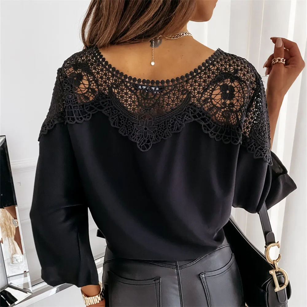 New Women\'s Shirt Fashion Loose Chiffon Bat Long Sleeve Splice Lace Solid Lace Hollow Out Shirt Elegant