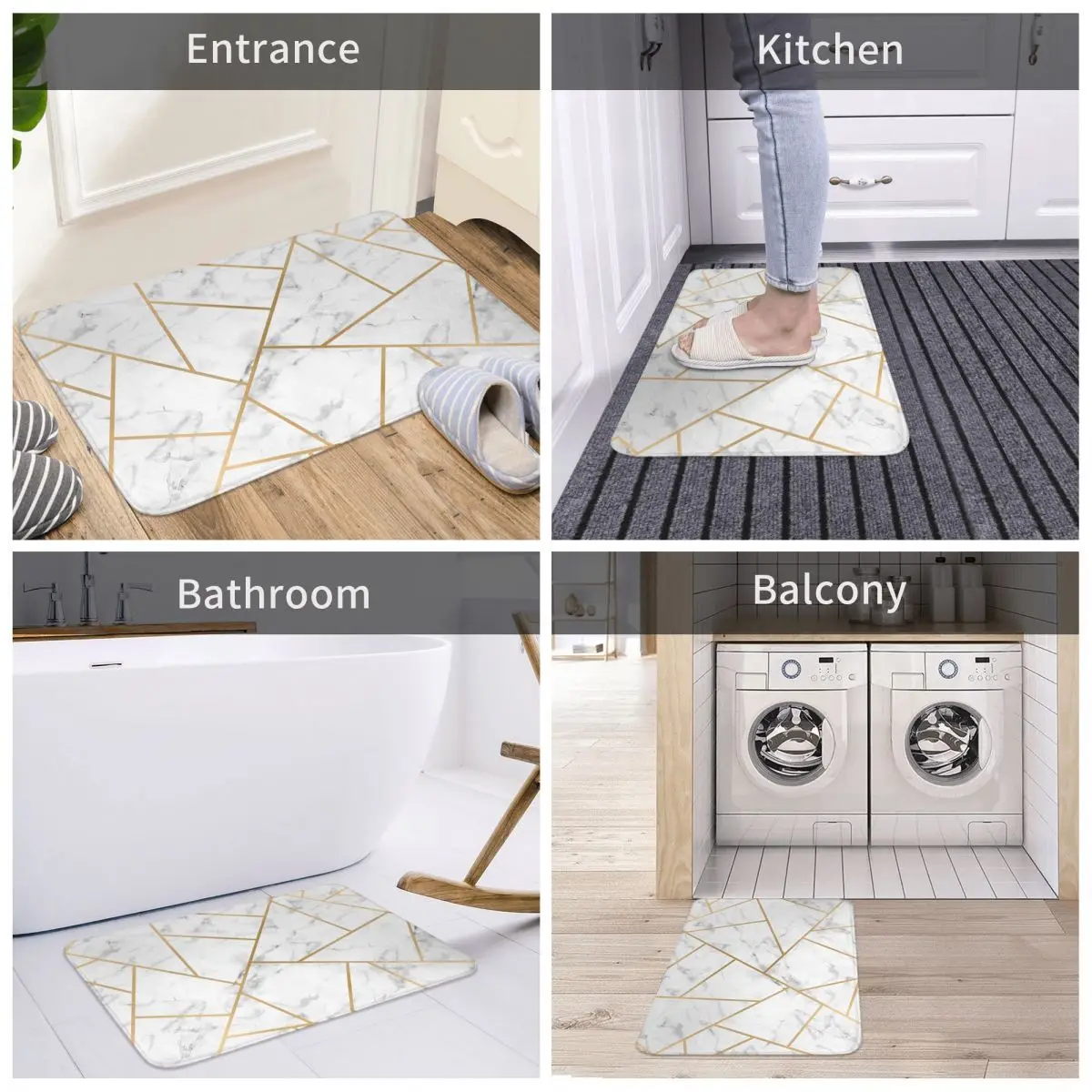 Geometric Lines Bath Mat White Marble and Gold Protective Toilet Pad Kitchen Shower Door Anti-Slip Foot Mat Bathroom Carpet