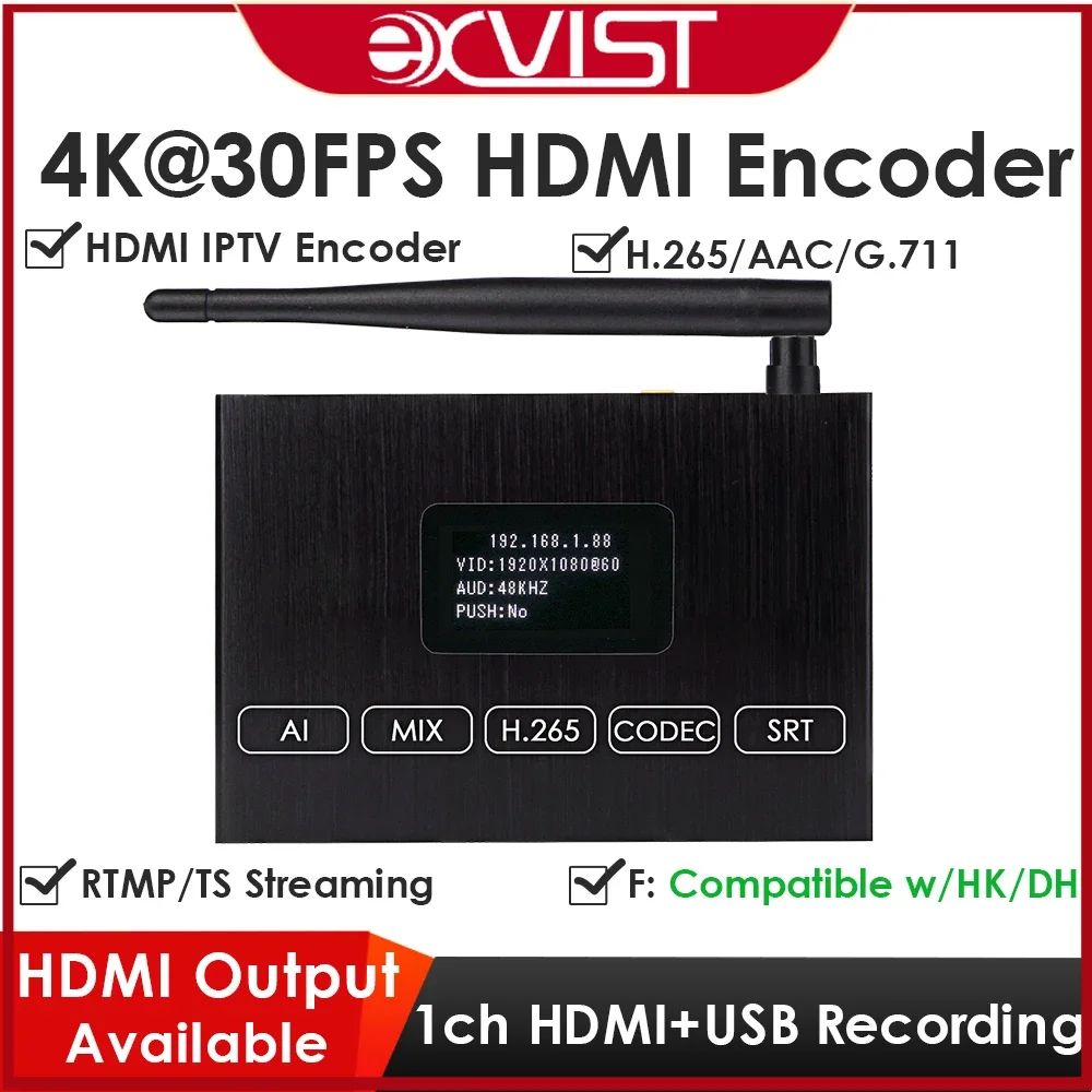 H.265 4K WiFi HDMI Encoder with Screen & Loopout Dual USB2.0 for Recording/Playback ONVIF/HK Compatible IPTV YouTube Facebook