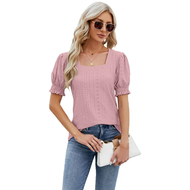 

Women's Summer Square Collar Solid Color Bubble Sleeve Loose T-shirt Hollow Jacquard Short Sleeve Casual Top Pullover T-shirt