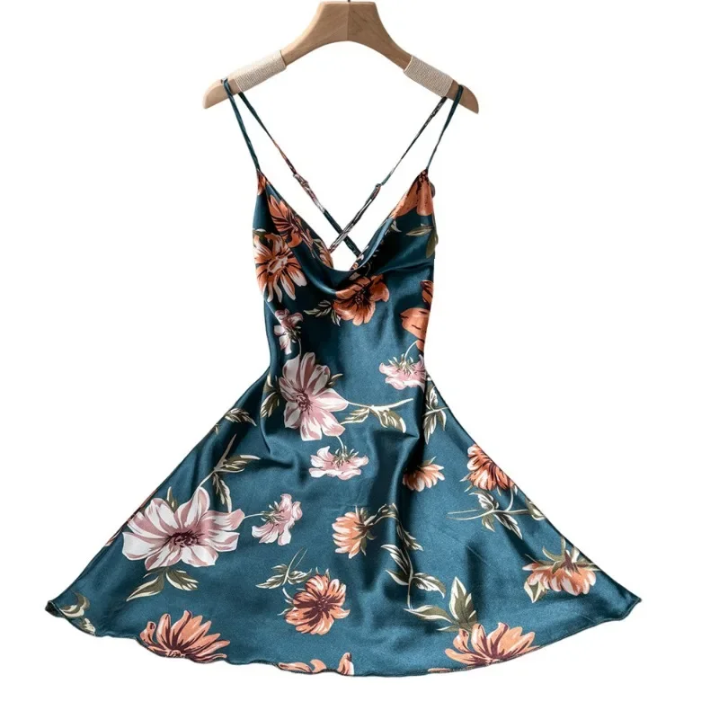 Vestido de tirantes finos para mujer con camisón fino de seda helada, camisón sexy de seda con estampado sin espalda y tirantes finos, camisón sexy para mujer