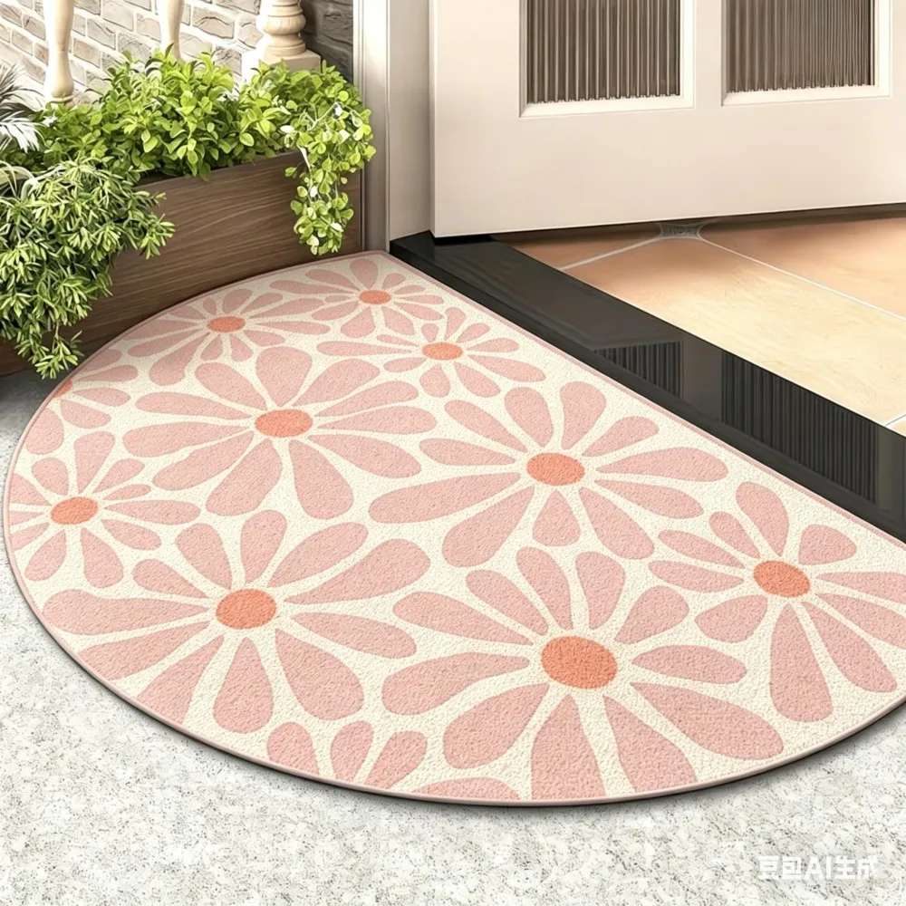 Big Daisy Half Round Door Mat Semicircle Entrance Rug Anti Slip Front Door Mat Half Moon Welcome Rug Floral Floor Decor Mat