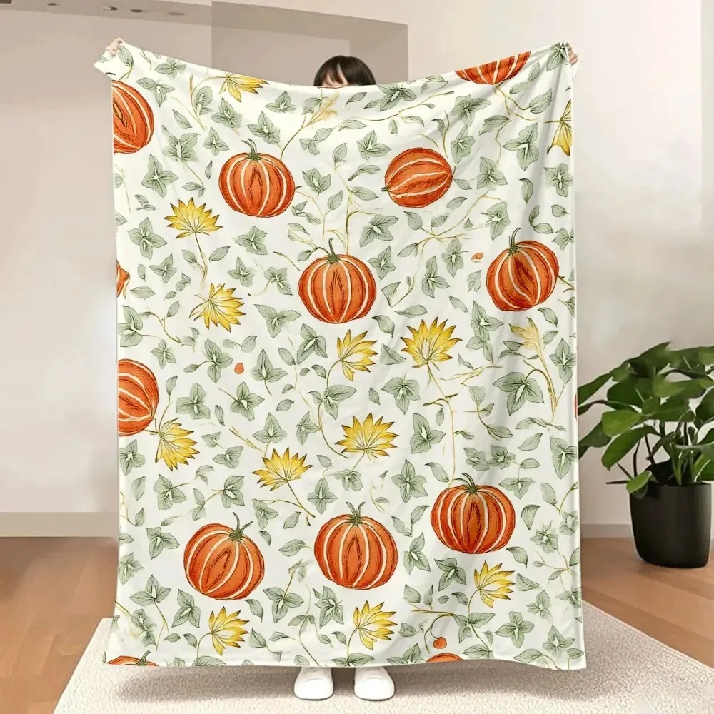 

Whimsical Pumpkin & Flower Printed Blanket - Light Off-White Background with Orange Pumpkins, Yellow Flowers, Green Leaves - Coz