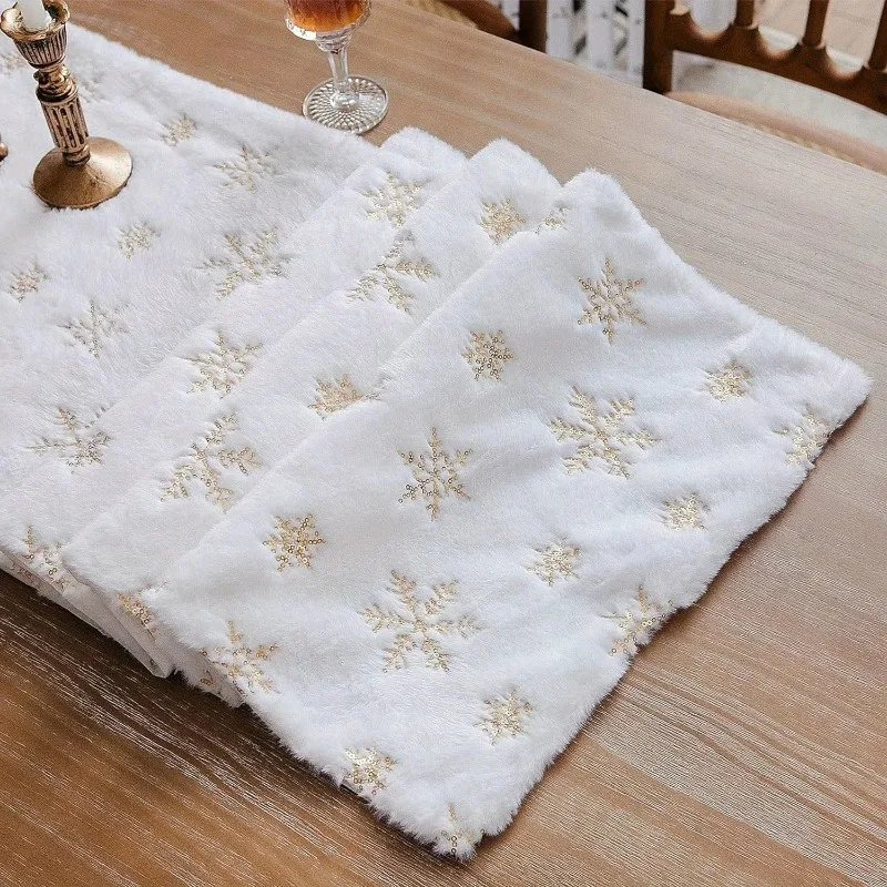 33X180cm-13X71in Christmas Glitter Snowflake Plush Table Flag Restaurant Home Decor Artificial Fur White Table Flag Meal