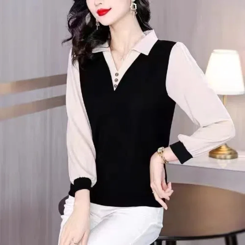 Spring Autumn Women's Clothing Pullover Button Lantern Long Sleeve Turn-down Collar Contrast Color T-shirt Casual Elegant Tops