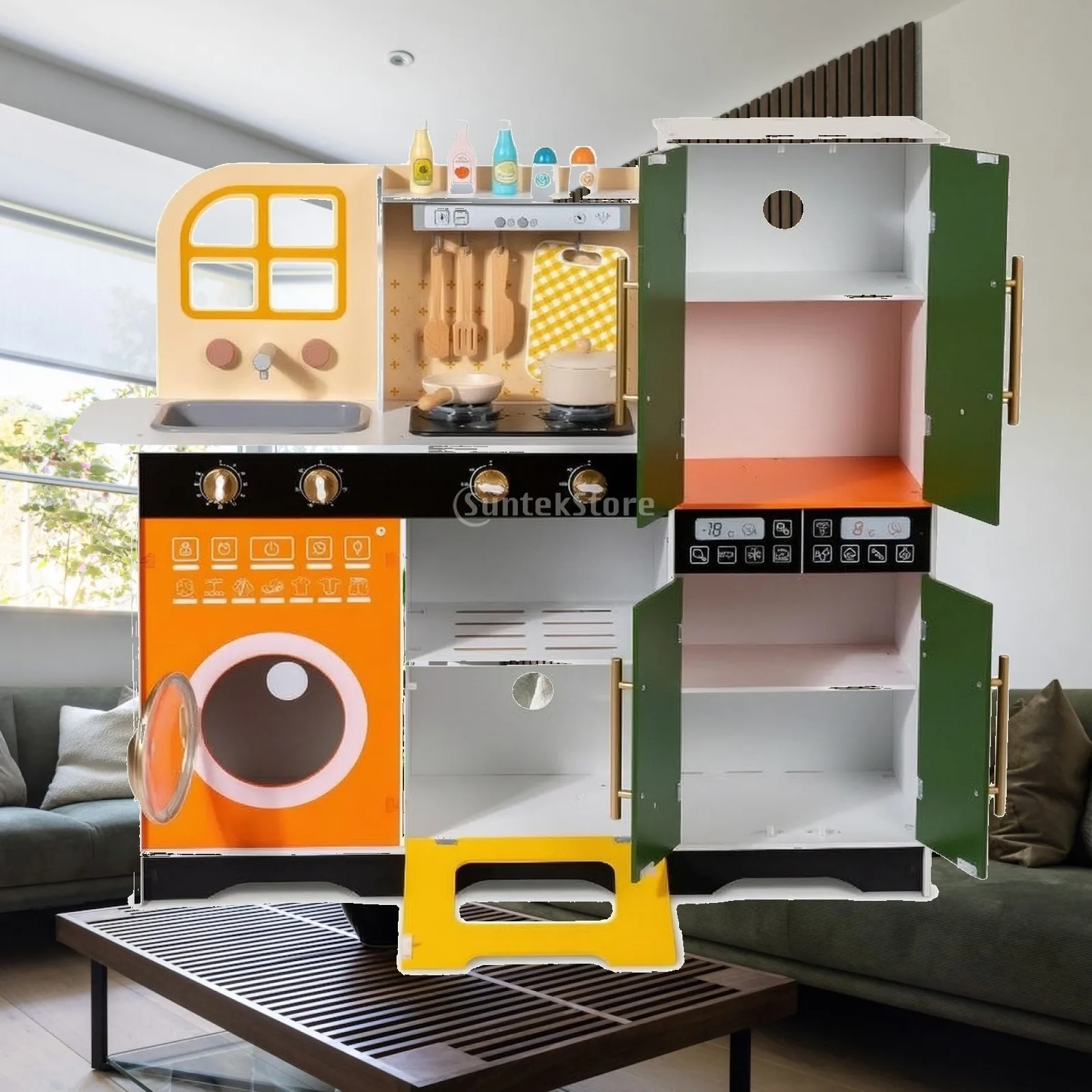 Wooden Kids Kitchen Playset with Sound Spray Effects for Toddlers Boys Girls Interactive Cooking Toy with Frying Pan Pot