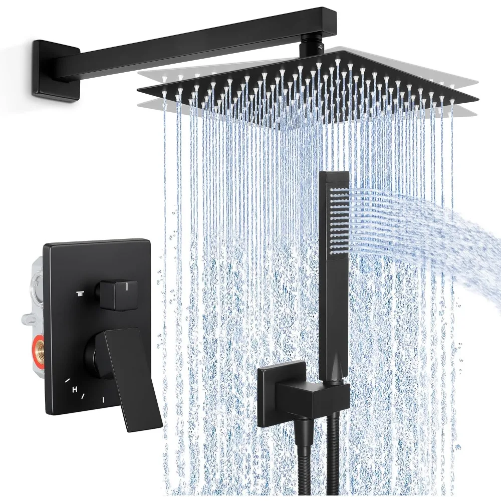 

Shower Faucet Set, 10 Inches Rain Shower Head with Handheld Spray, Shower System Pressure Balance Wall Mounted Matte Black