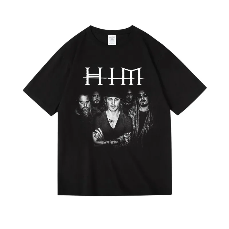 

Men's American metal band HIM printed 100% pure cotton short-sleeved T-shirt, fashionable street trend loose clothing