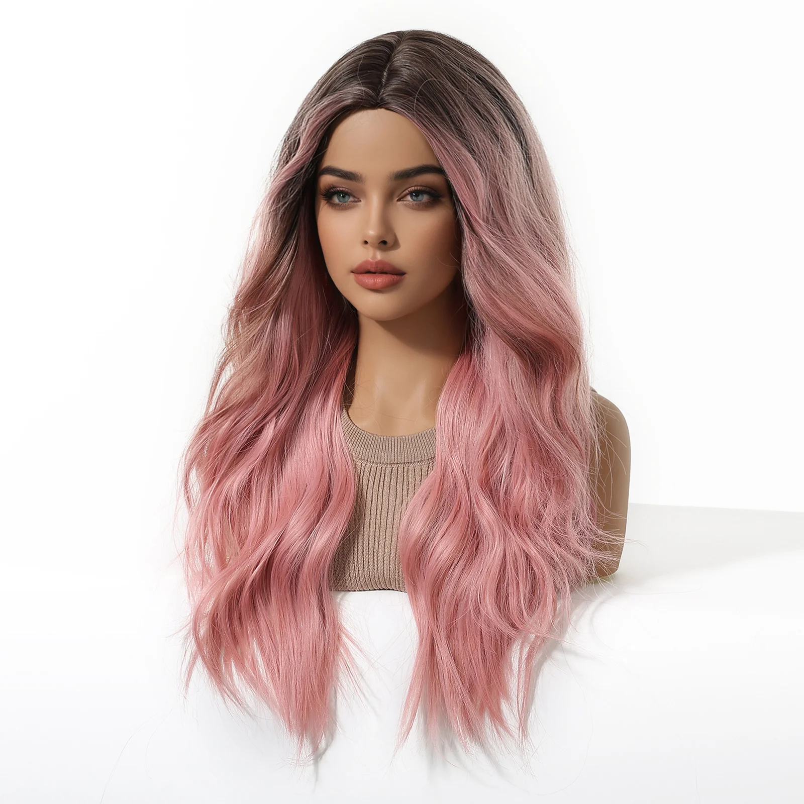 ALAN EATON Rosa gewellte synthetische Perücke, langer Mittelteil, dunkle Wurzelperücke für Frauen für die tägliche Weihnachtsfeier, hitzebeständige Faser