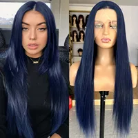 Peluca con malla Frontal sintética larga y sedosa para mujer, color azul oscuro, parte libre, pelucas de colores frontales naturales 13x4 para fiesta diaria, Cosplay
