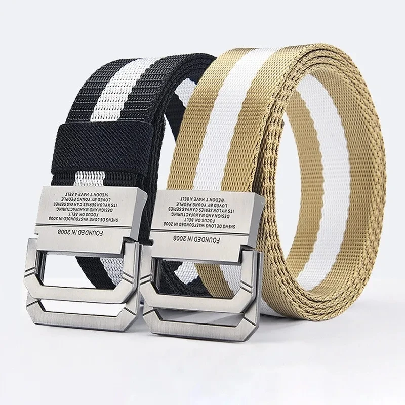 Men's Belt Trend Double Loop Buckle Canvas Belt Women's Belt with Cargo Pants Jeans Belt Outdoor Sports Belt No Perforated Belts