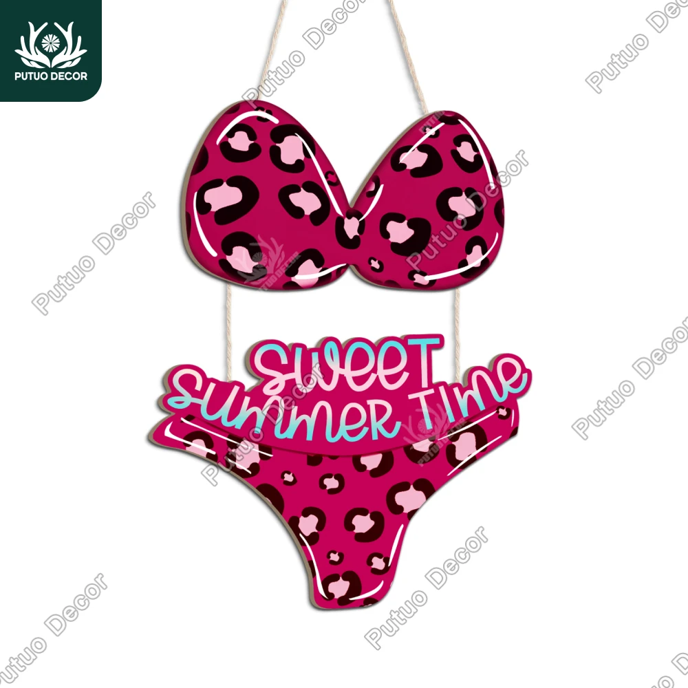 

Putuo Decor 1pc Bikini-shaped wooden hanging plaque decoration, sweet summer time, beach wooden hanging sign decoration