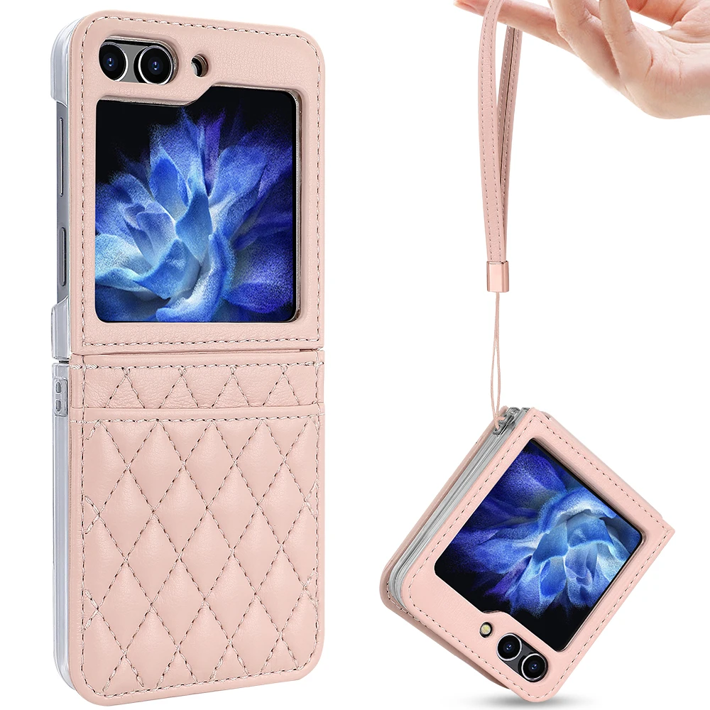 

VIETAO Leather Card Slot Mobile Phone Case Compatitable With Samsung Galaxy Z Flip 7 6 5 4 Case With Hand Wristband Strap, Pink