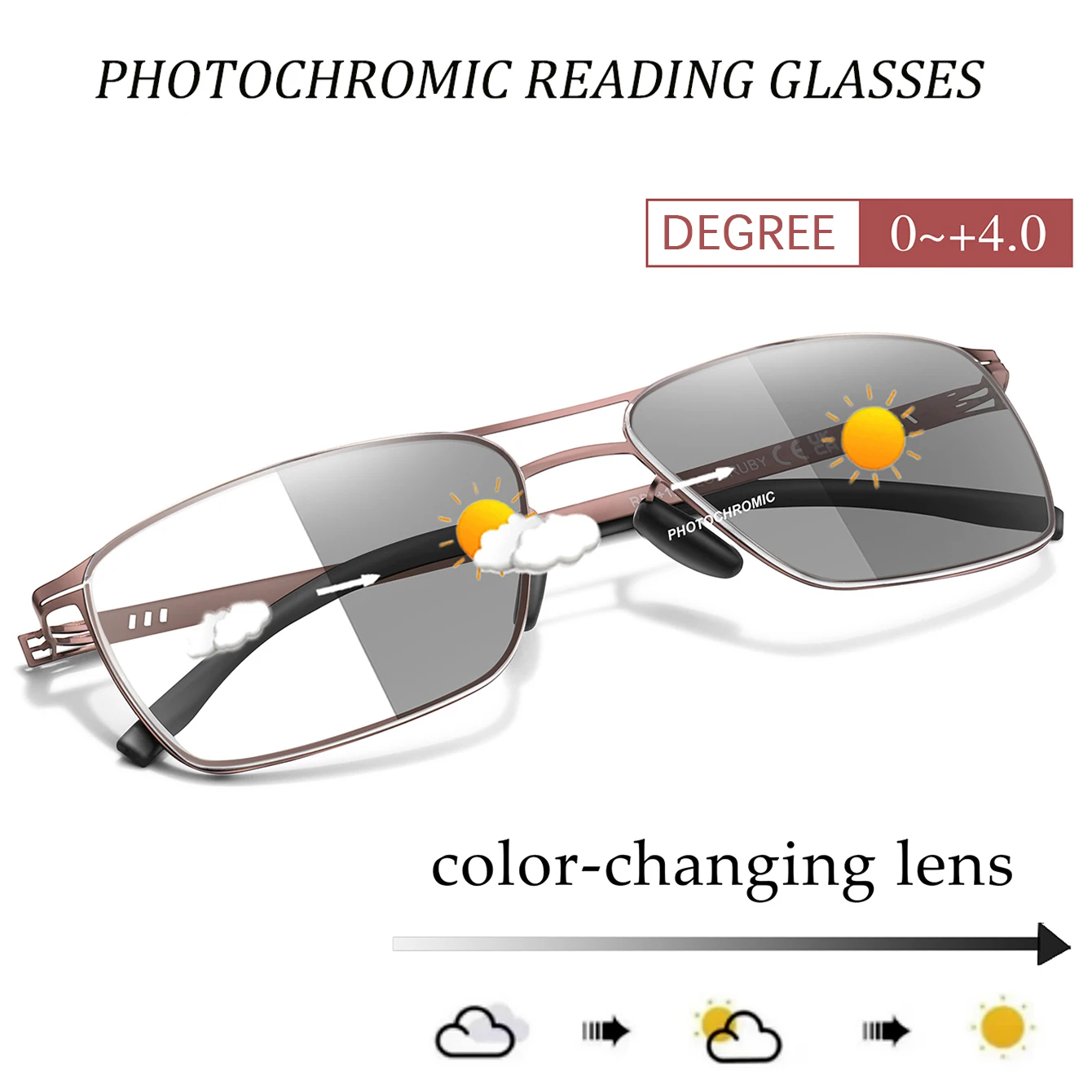 Fashion Photochromic Reading Glasses Vintage Rectangular Metal-Frame Eyeglasses Presbyopic Glasses daily wear