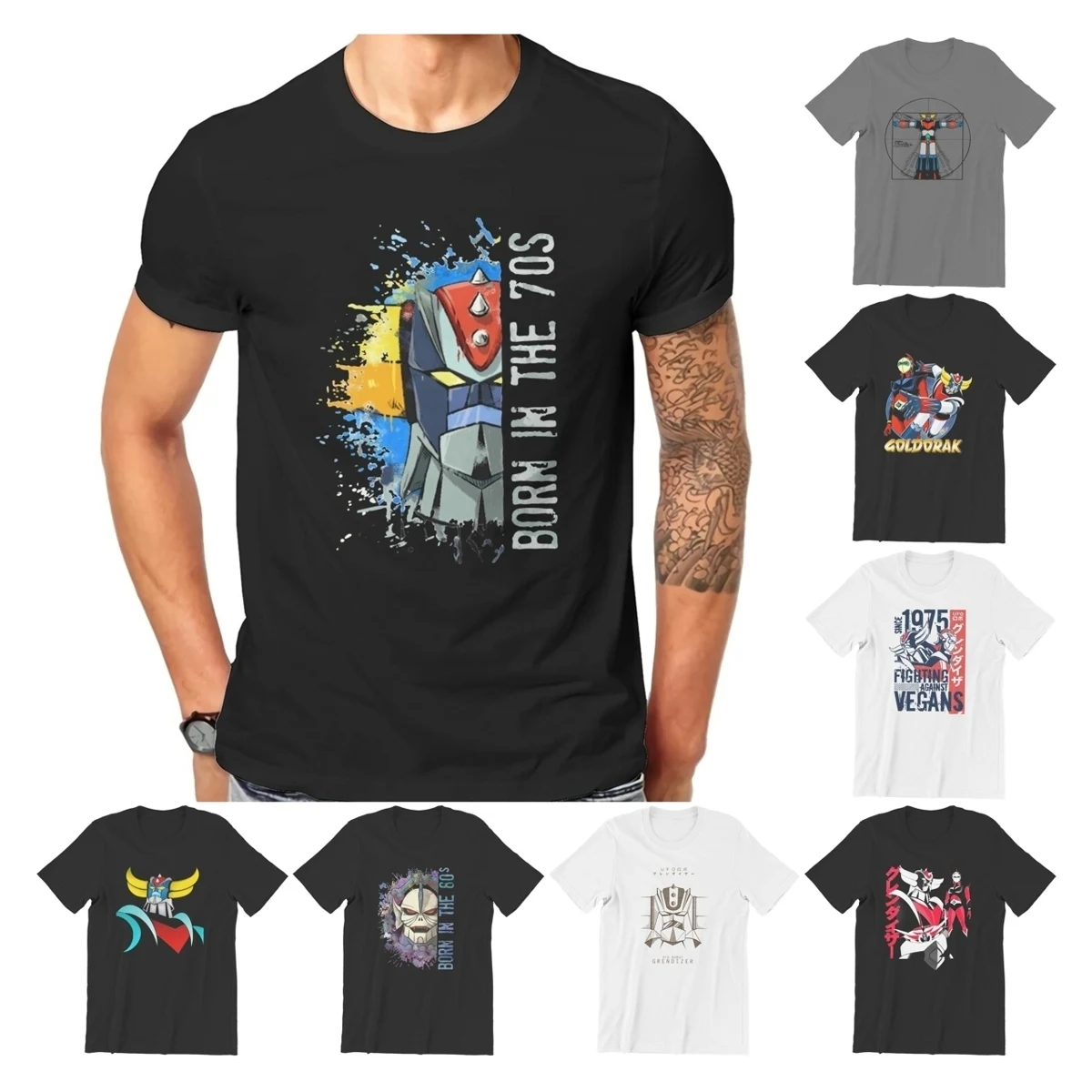 Men's UFO Robot Goldrake Anime T Shirt Goldorak Grandizer Vegan Cotton Tops Vintage Short Sleeve Round Neck Tees Summer T-Shirts