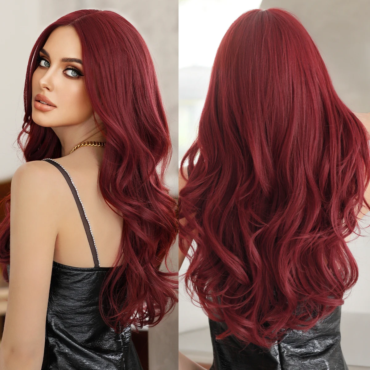 7JHH WIGS Long Wavy Wine Red Lace Front Wig for Women Daily Cosplay Use Nathural Synthetic Middle Part T Type Wigs High Quality