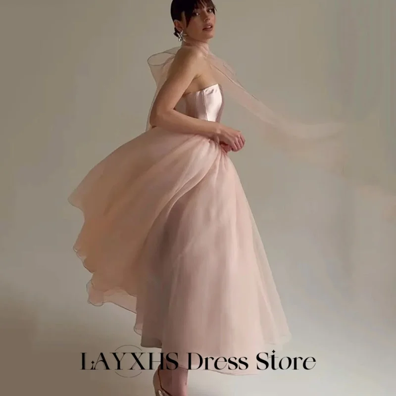 LAYXHS فساتين سهرة عصرية وردي بدون حمالات على شكل حرف a من التل مشد بفيونكة فساتين لحضور الحفلات الموسيقية مخصصة رداء السهرة #6