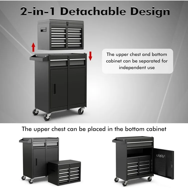 5-Drawer Rolling Tool Chest, Tool Storage Box, Removable Tool Cabinet, Sliding Metal Organizer w/Lockable Drawers