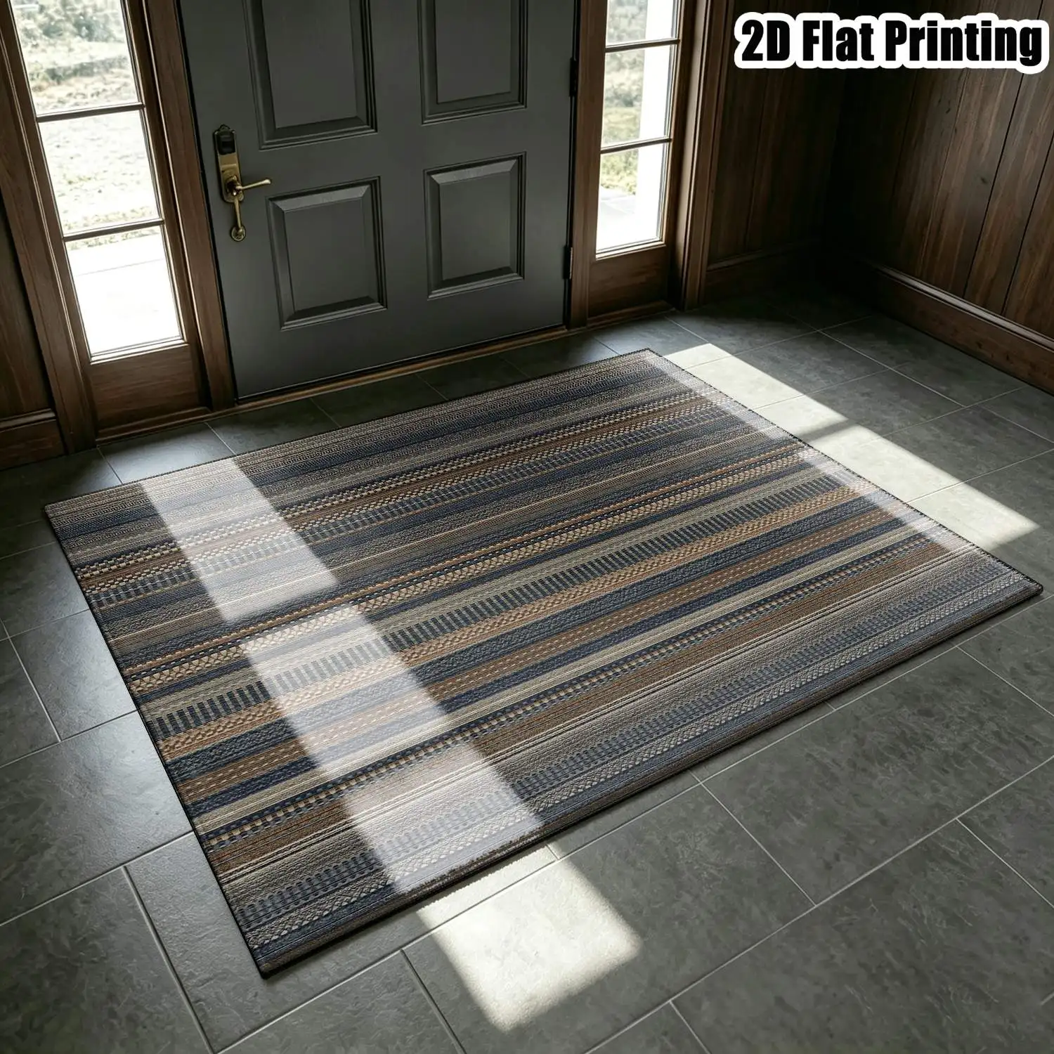 1Pc 2D Printed Carpet: Blue-Grey Geometric Stripe, Nordic/Instagram Style, Modern Minimalist Vintage Home Decor Mat, Multi-Size, Machine Washable, for Entrance, Dining, Foyer, Bedroom, Living Room