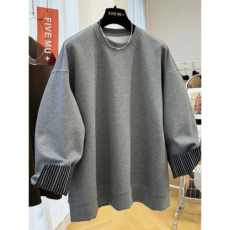 SuperAen European and American Oversize Striped Long-sleeved Fake Two-piece Top Women's Retro Autumn and Winter New Sweatshirts