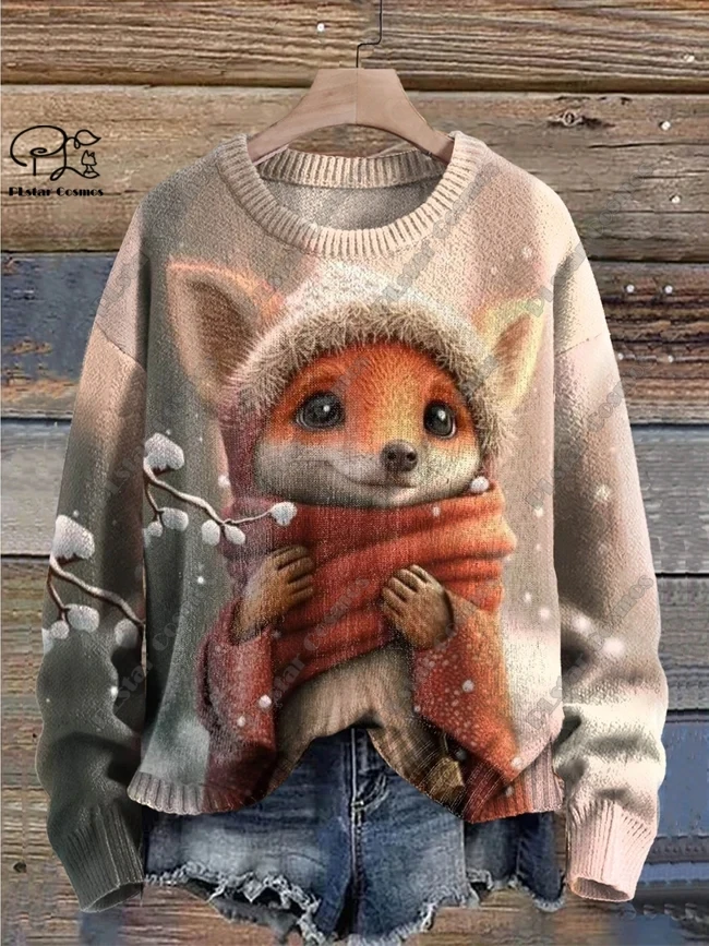 New Animal Series 3D Printed Retro Cute Fox Art Print Genuine Ugly Sweater Winter Casual Unisex Sweater