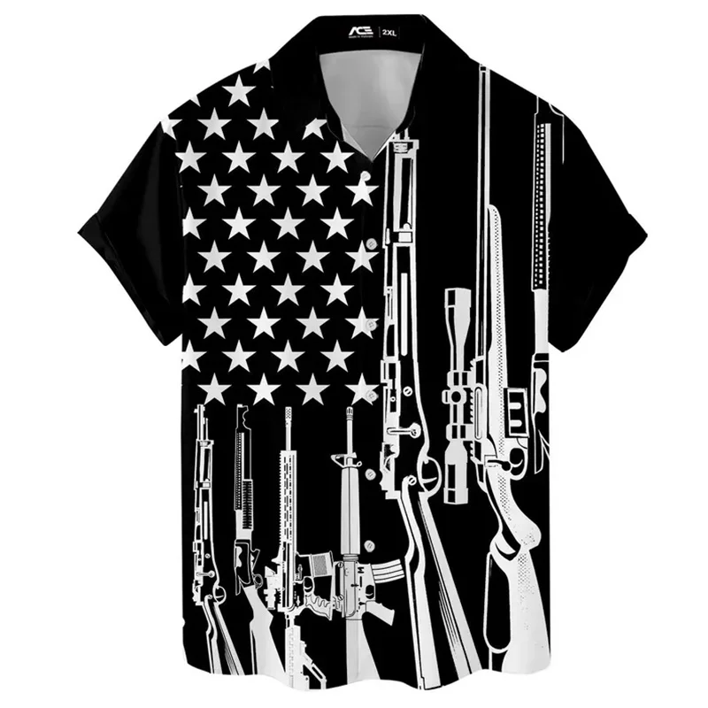 

Американский флаг с принтом пистолета, забавная гавайская рубашка для мужчин, рубашки большого размера с короткими рукавами и лацканами, летний дышащий повседневный мужской топ