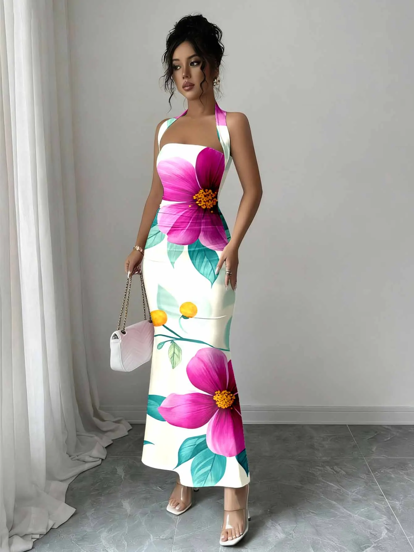 Hip-Hugging Sleeveless Long Skirt with Hanging Neck Design And Collar Flowing Fabric Gentle on the Eye Highlighting Superior Fig